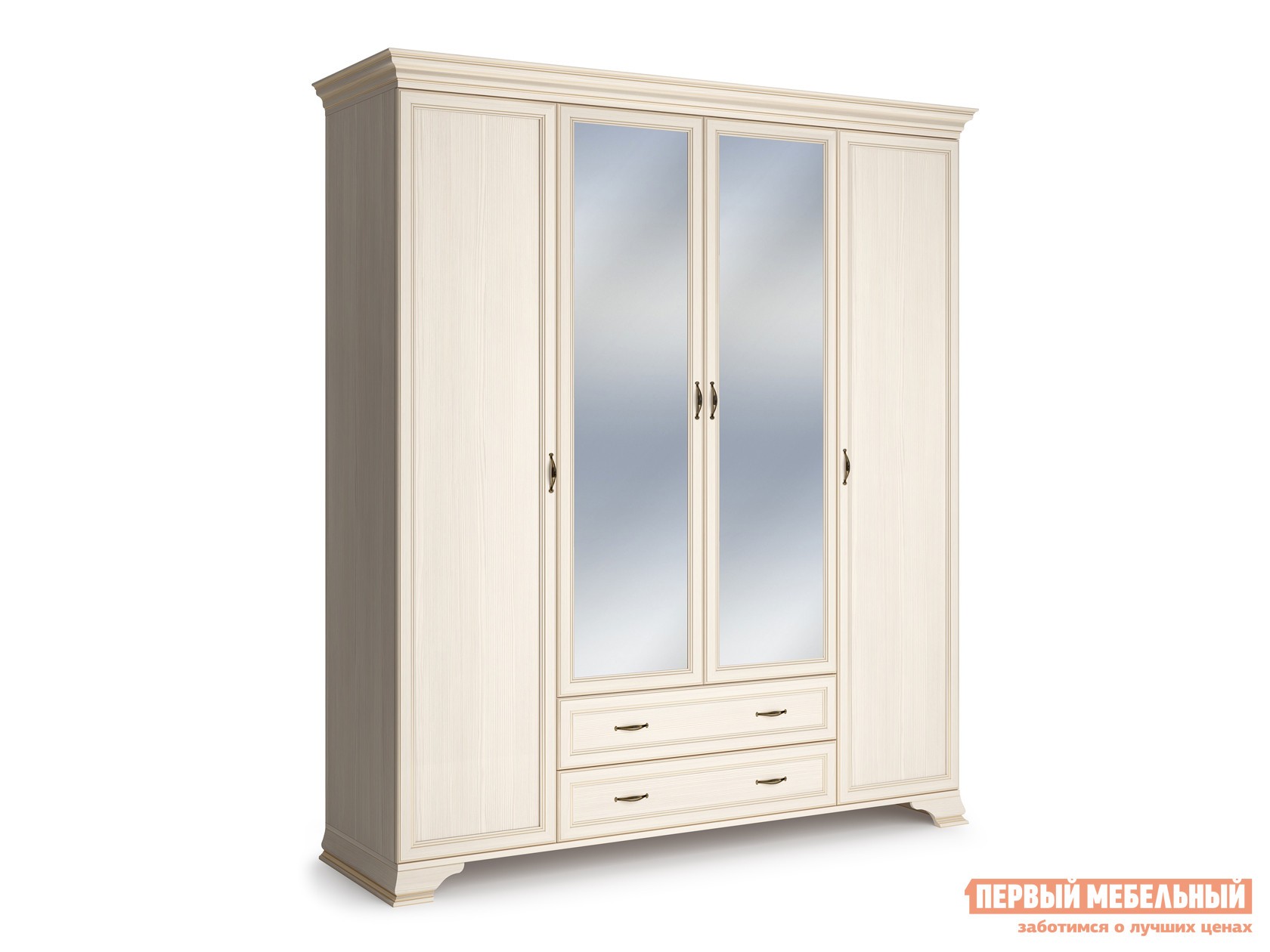 Распашной шкаф  Сиена-21 Бодега белый, патина золото, С двумя зеркалами