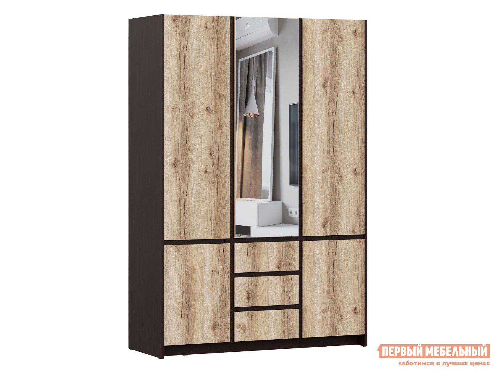 Распашной шкаф  Прага Дуб Венге / Дуб Делано, С зеркалом