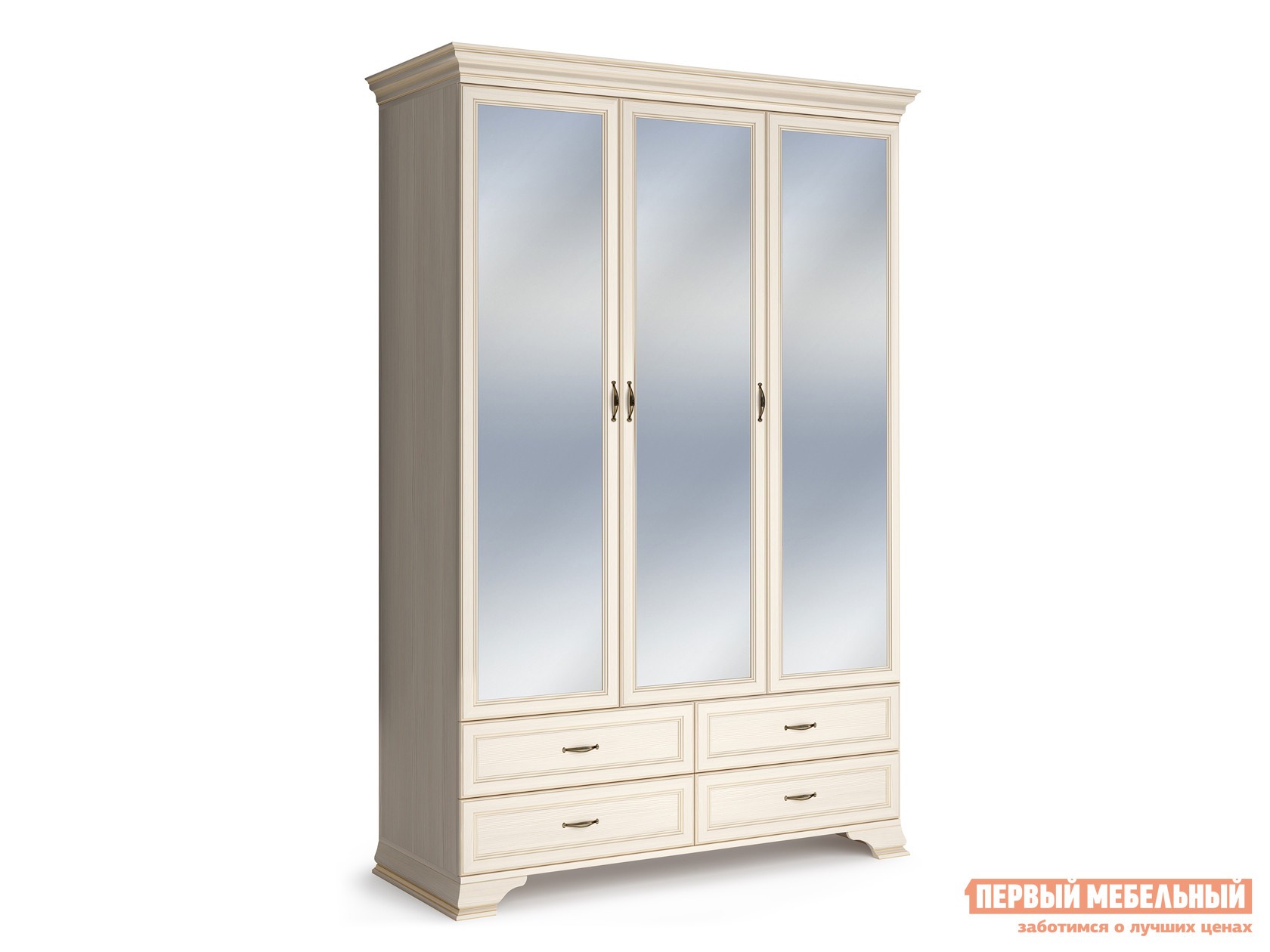 Распашной шкаф  Сиена-20 Бодега белый, патина золото, С тремя зеркалами