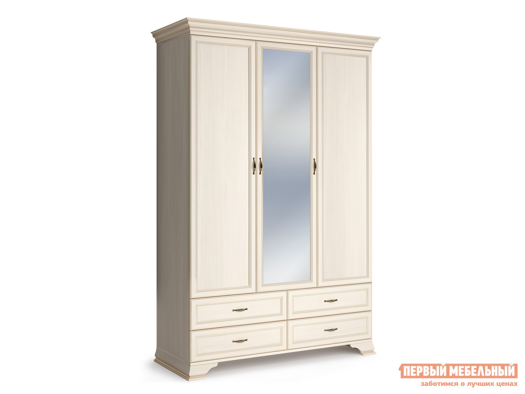 Распашной шкаф  Сиена-20 Бодега белый, патина золото, С зеркалом