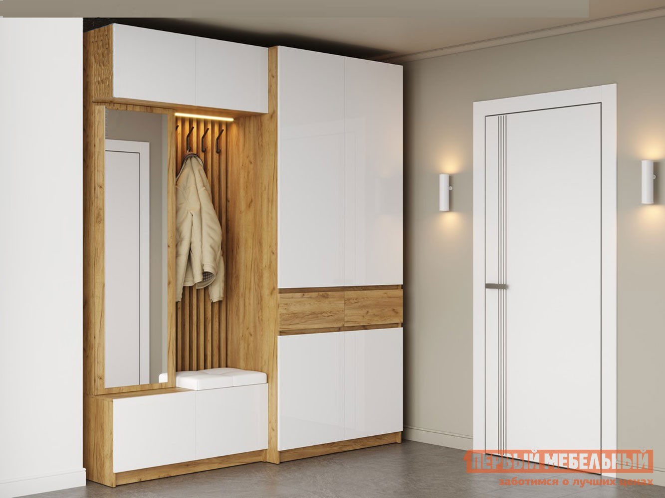 Прихожая  Бостон Дуб Крафт золотой / Белый глянец / Белый, экокожа