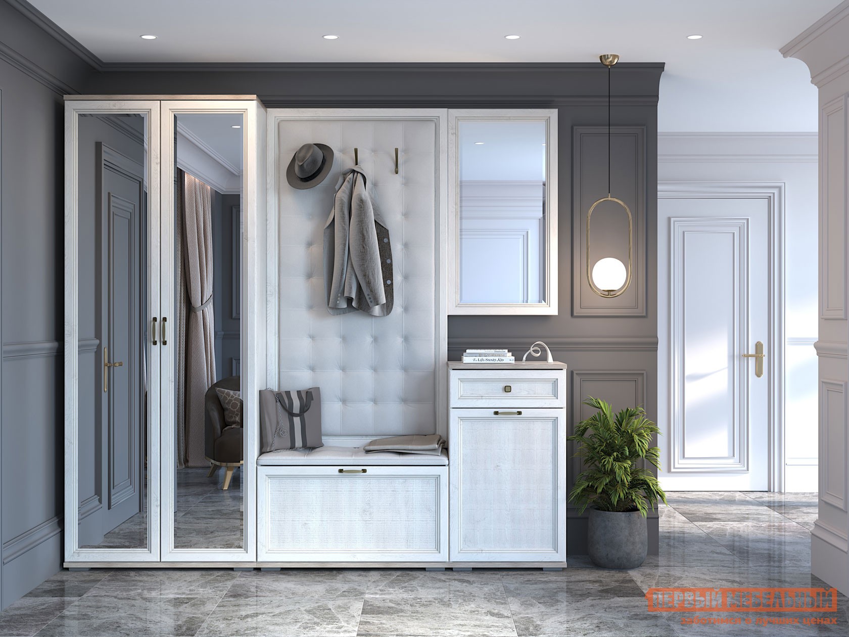 Прихожая  Александрия Сосна Санторини светлая / Бежевый, экокожа / Зеркало