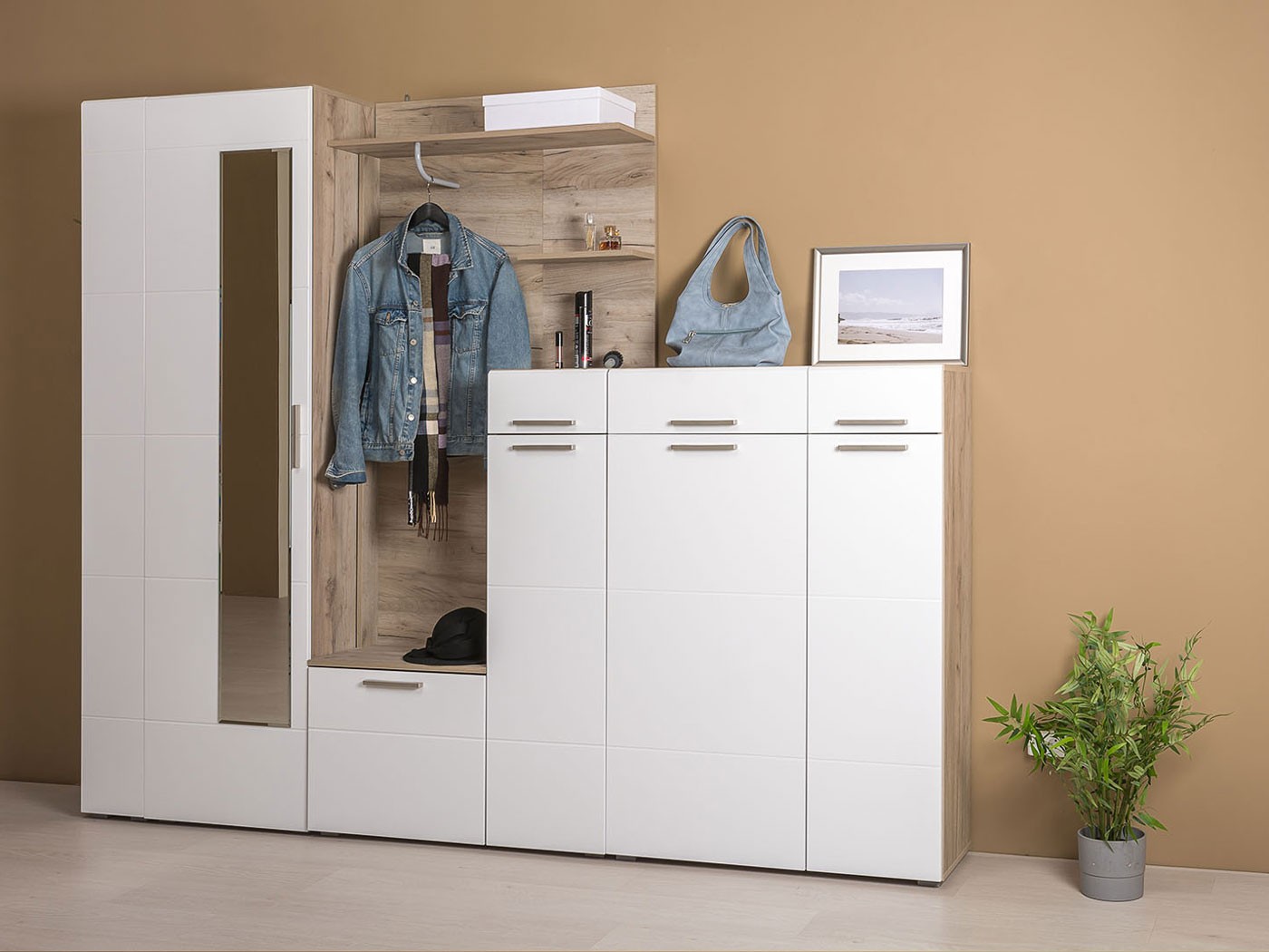 Прихожая  Лайн Дуб Крафт серый / Белый глянец