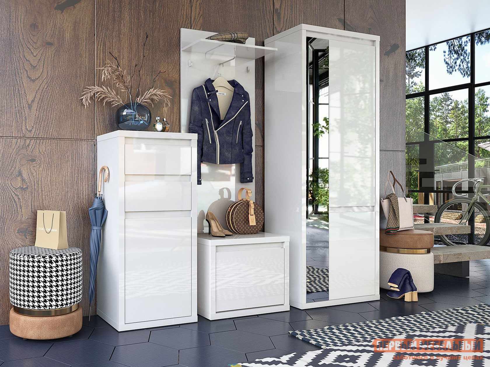 Прихожая  Норд Белый / Белый глянец, Большая вешалка