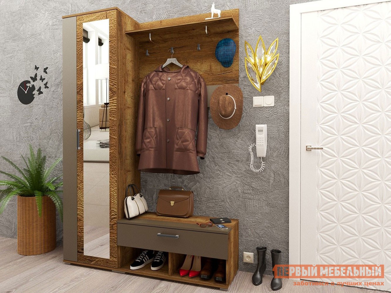 Прихожая  Ханна Дуб Галифакс Табак / Серый, С полками