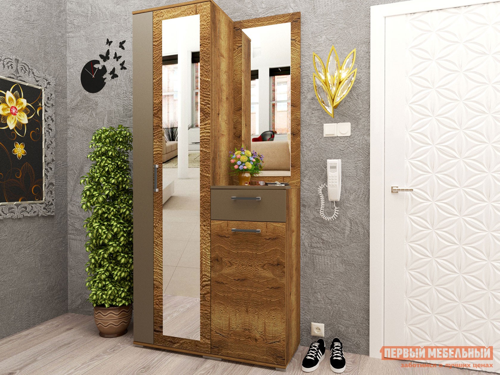 Прихожая  Ханна Дуб Галифакс Табак / Серый, С полками