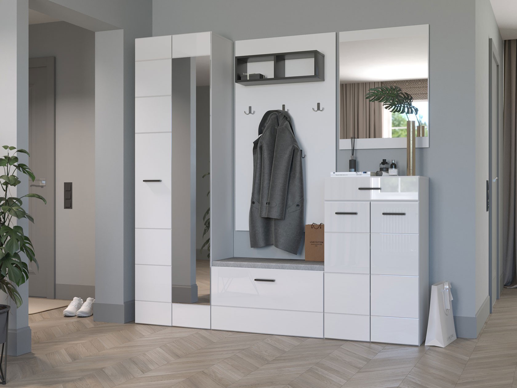 Прихожая  Глосс Белый / Белый глянец / Серый, рогожка