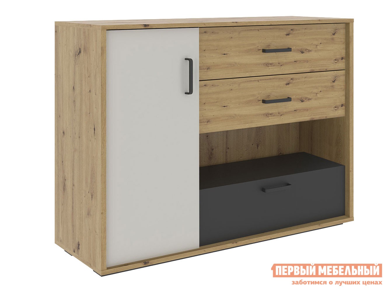 Комод  Кубо Дуб Артизан / Черный матовый / Холодный серый