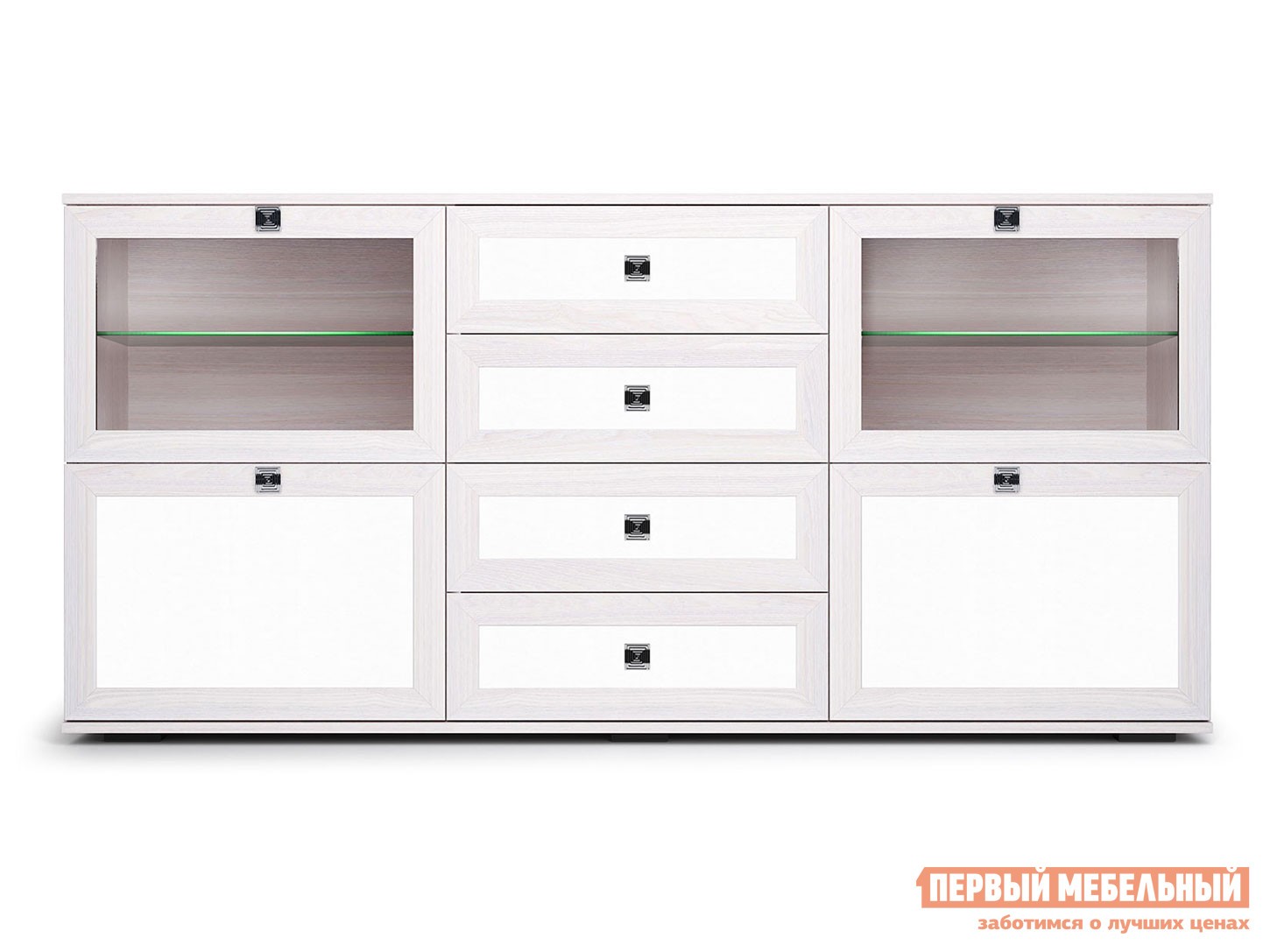 Комод  Парма Нео 24 Ясень Анкор светлый / Экокожа белая, Без подсветки