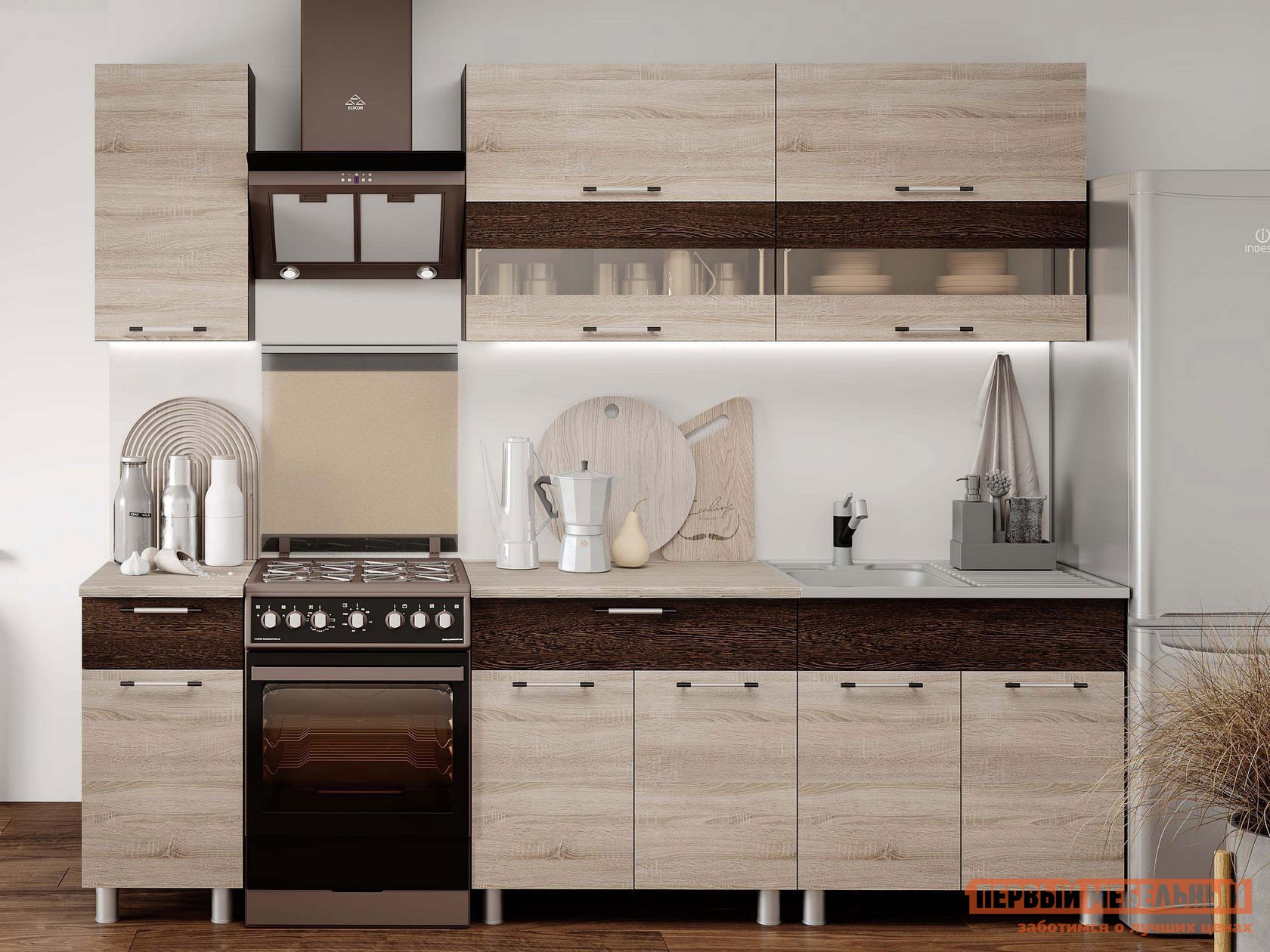 Кухонный гарнитур  Монтана 200 см Венге / Сонома / Столешница Тростник