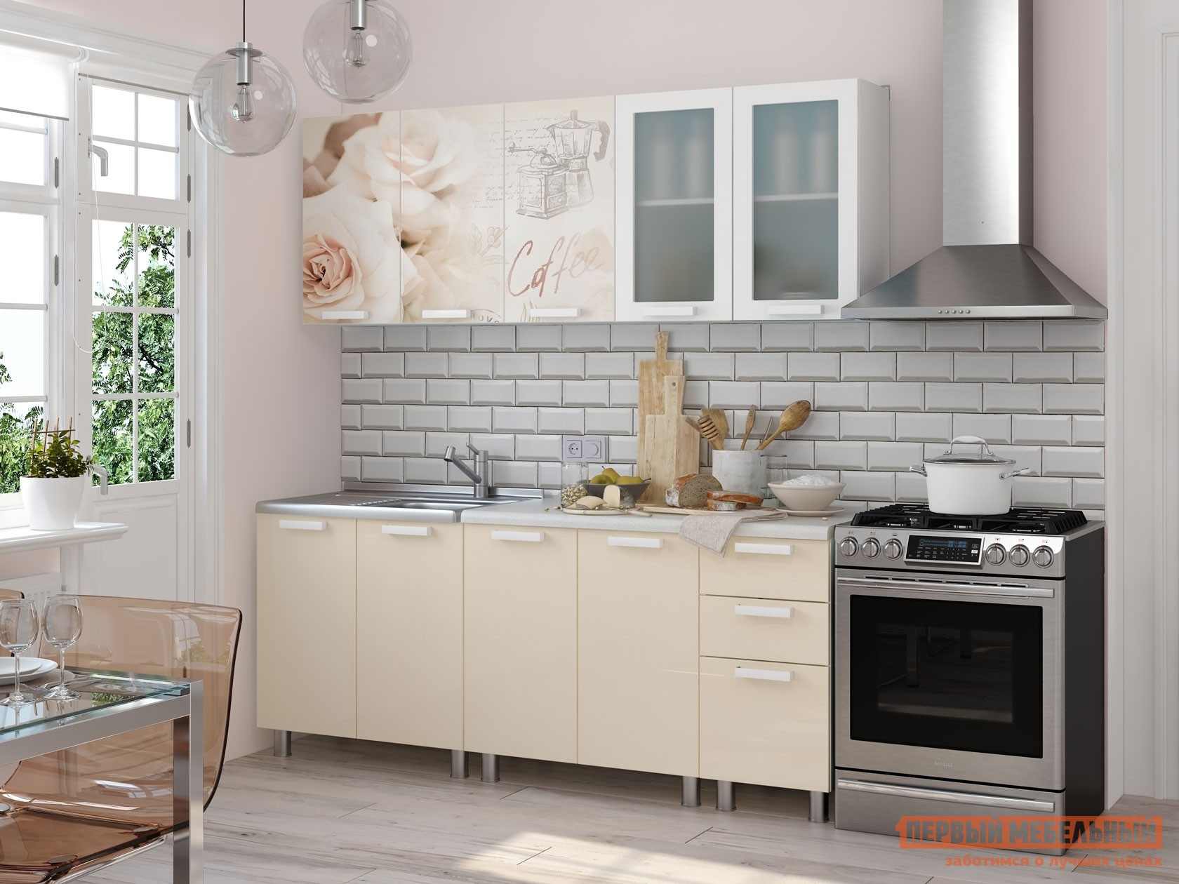 Кухонный гарнитур  Латте 200 см Латте крем / Белый глянец