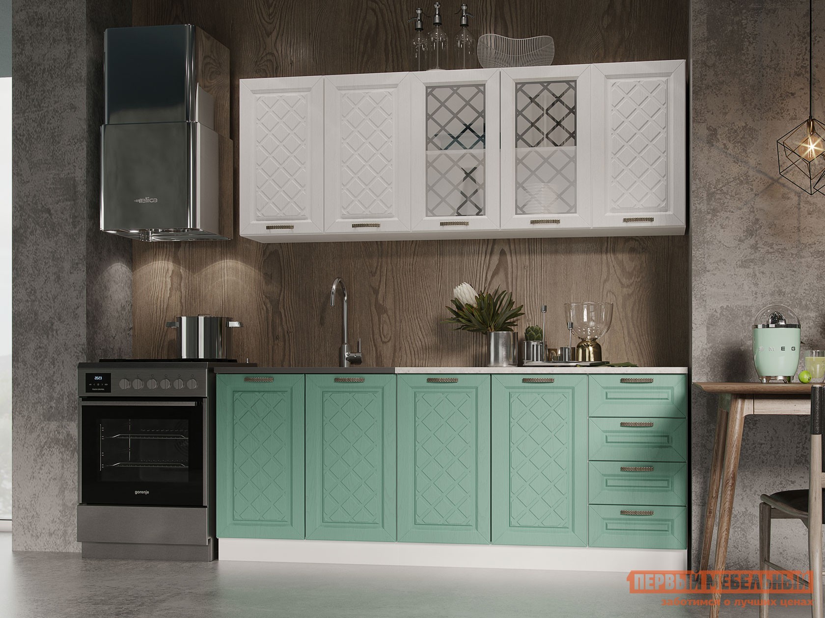 Кухонный гарнитур  Агава 200 см Акация белая / Мята / столешница Калаката