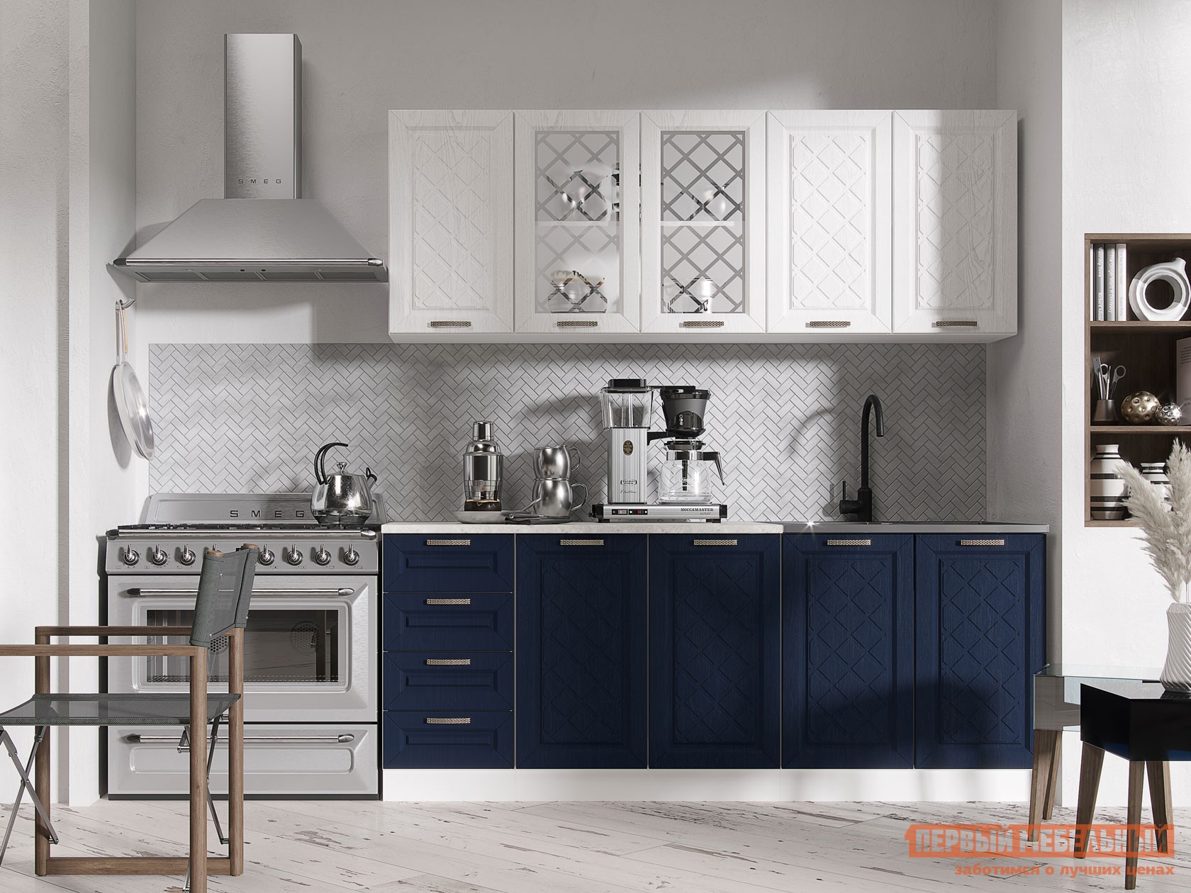 Кухонный гарнитур  Агава 200 см Акация белая / Сапфир / столешница Калаката