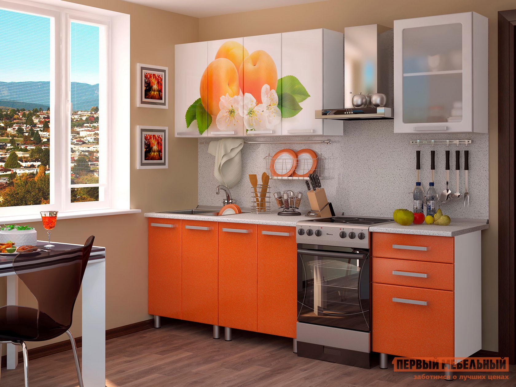 Кухонный гарнитур  Персик 180 см Белый / Оранжевый