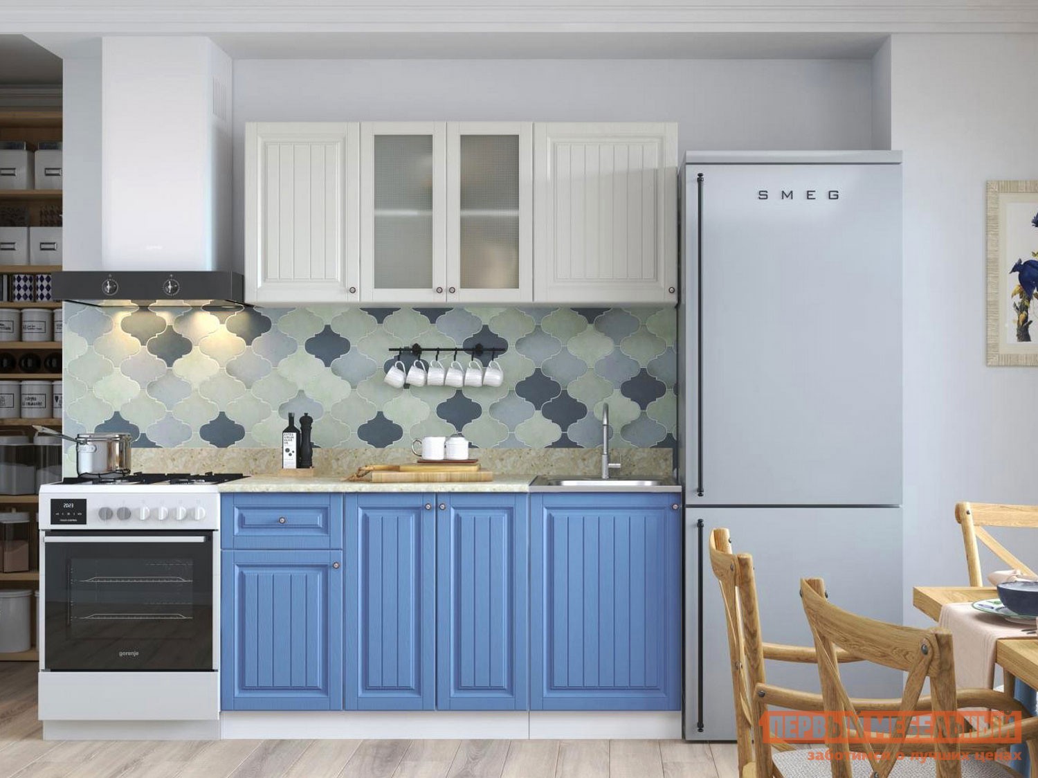 Кухонный гарнитур  Хозяюшка 150 см Магнолия / Деним