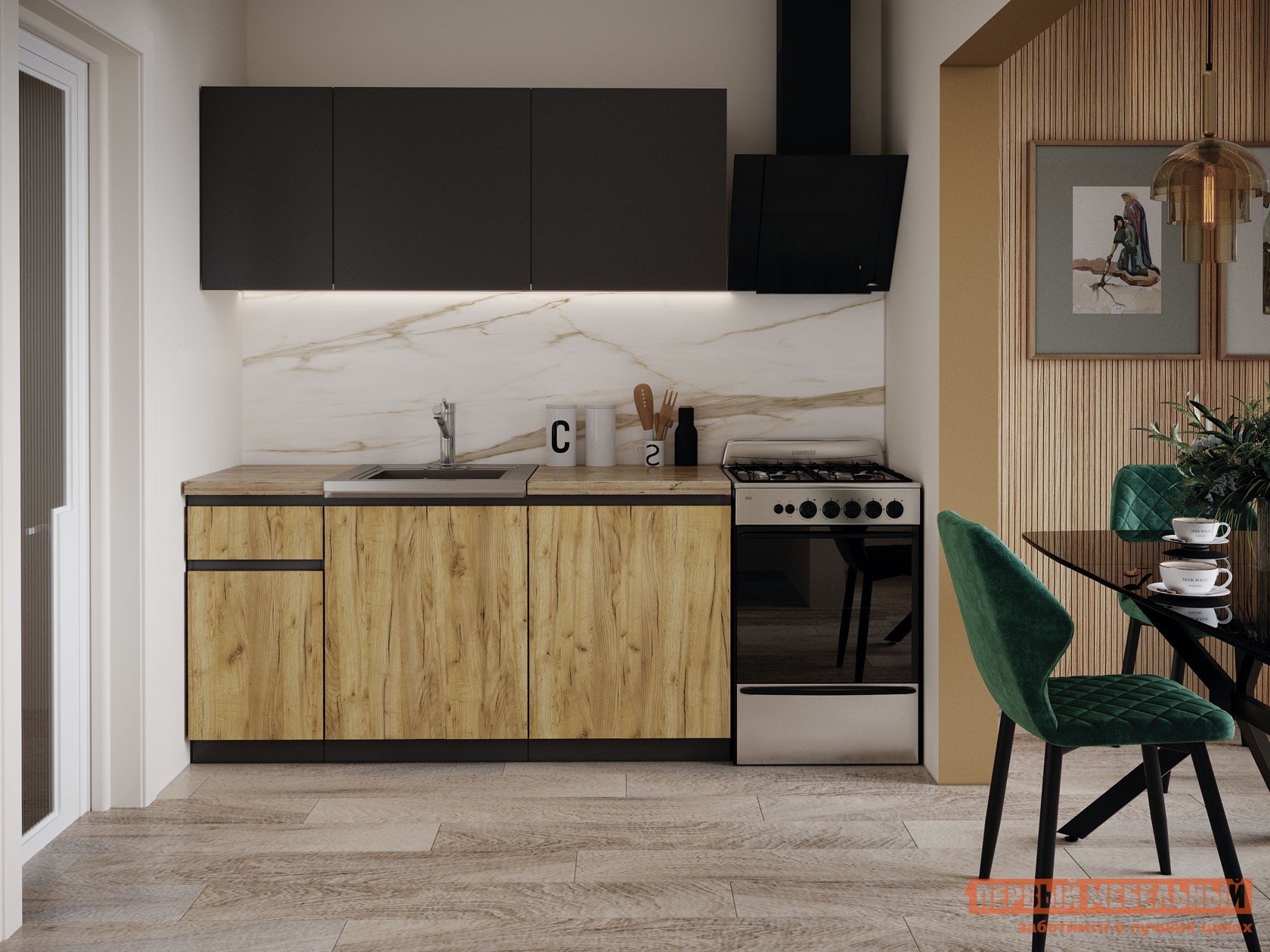 Кухонный гарнитур  Ханна 160 см Графит / Дуб Крафт золотой / столешница Дуб кера