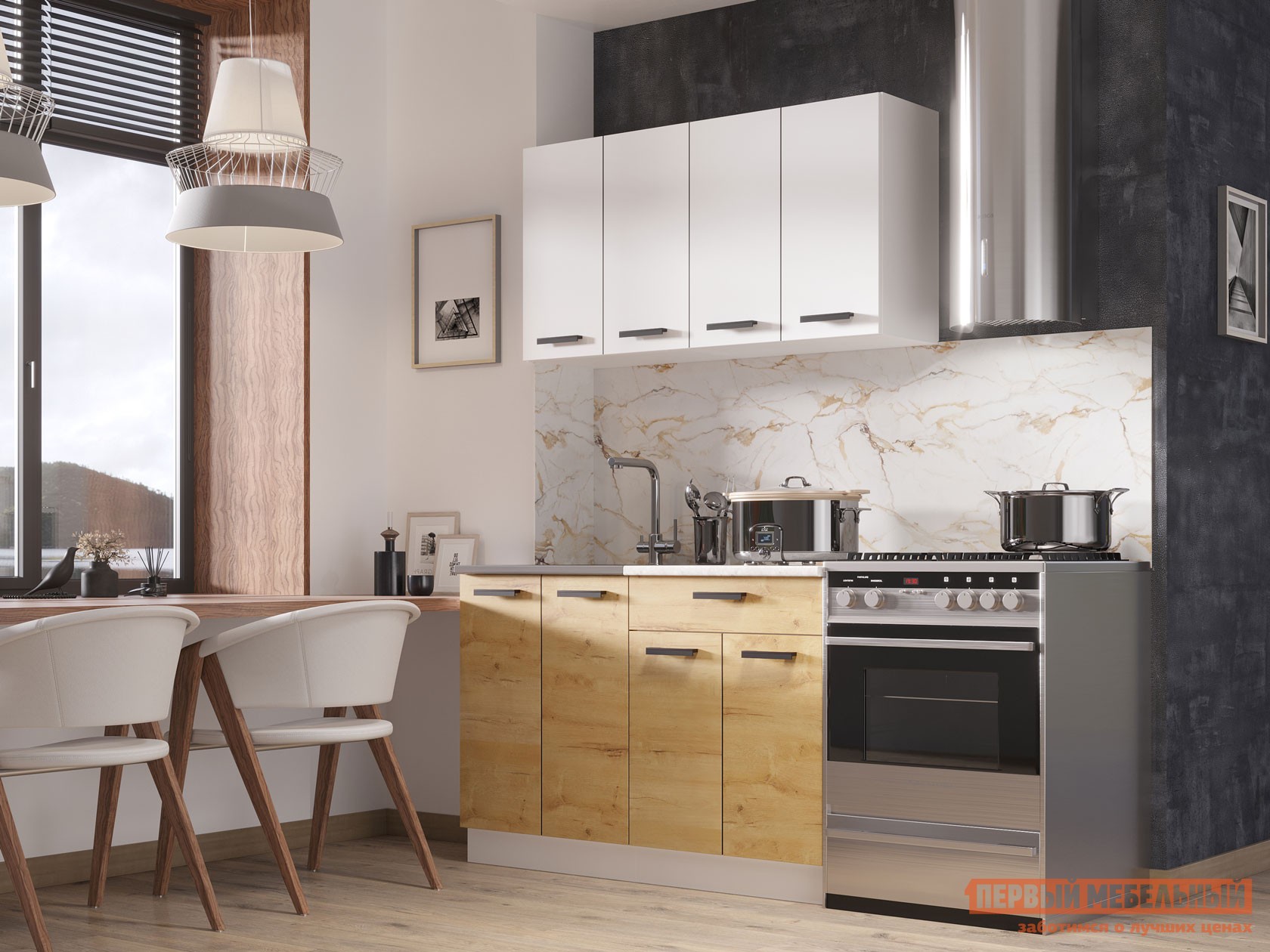 Кухонный гарнитур  Хозяюшка Миди Белый гладкий / Дуб Вотан / столешница Калаката, Без шкафа под вытяжку