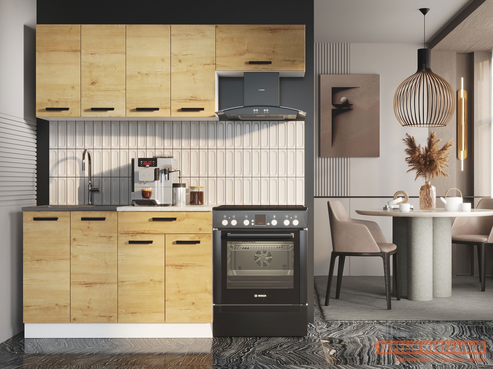 Кухонный гарнитур  Хозяюшка Миди Дуб Вотан / столешница Калаката, Со шкафом под вытяжку