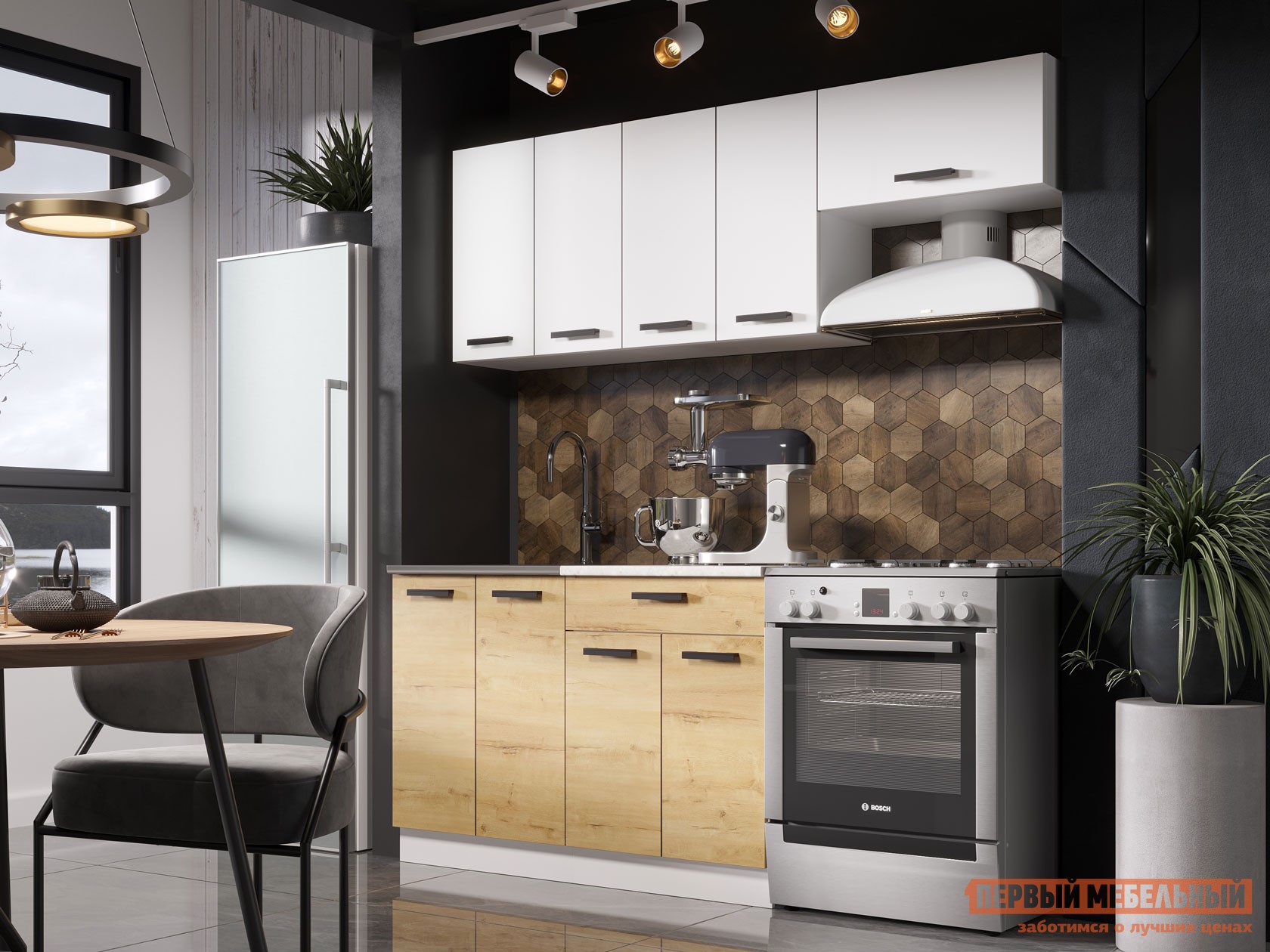 Кухонный гарнитур  Хозяюшка Миди Белый гладкий / Дуб Вотан / столешница Калаката, Со шкафом под вытяжку