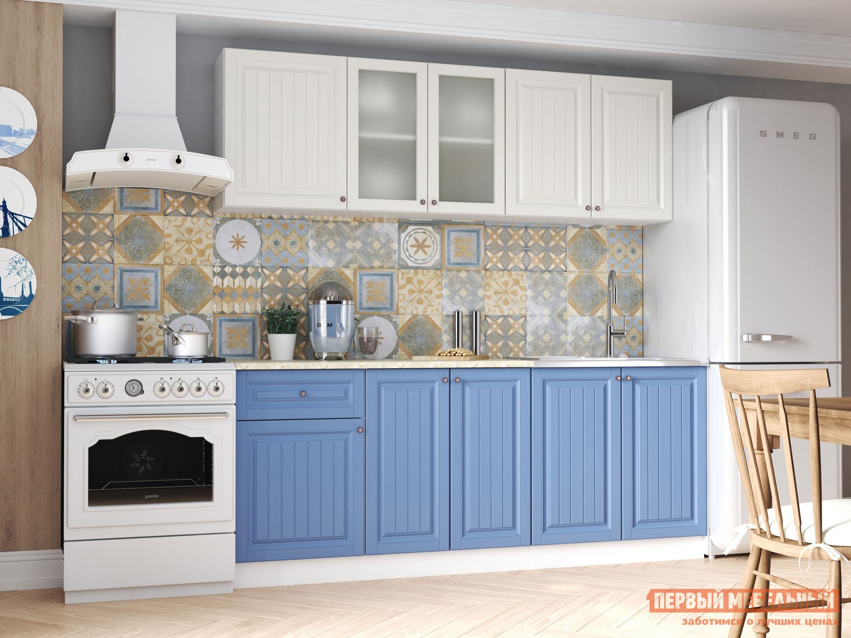 Кухонный гарнитур  Хозяюшка 200 см Магнолия / Деним