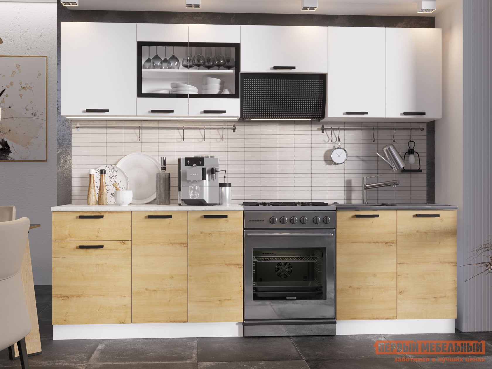 Кухонный гарнитур  Хозяюшка 260 см Белый гладкий / Дуб Вотан / столешница Калаката