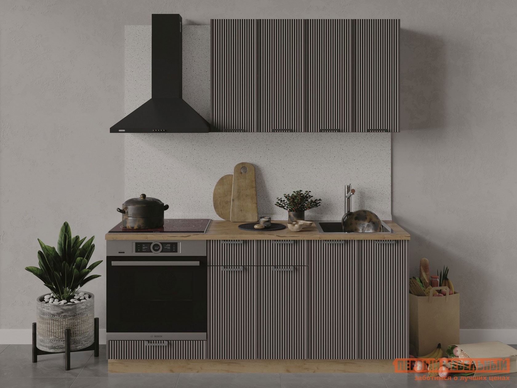 Кухонный гарнитур  Смарт 180 см Дуб Крафт золотой / Муссон, Со столом под плиту