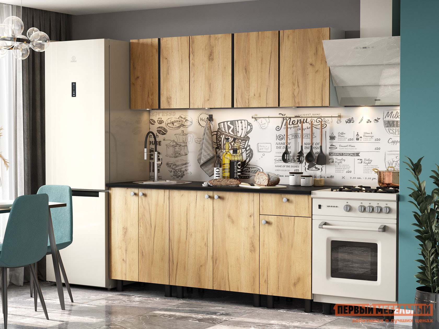 Кухонный гарнитур  Кайган 180 см Белый / Дуб золотой / столешница Черный