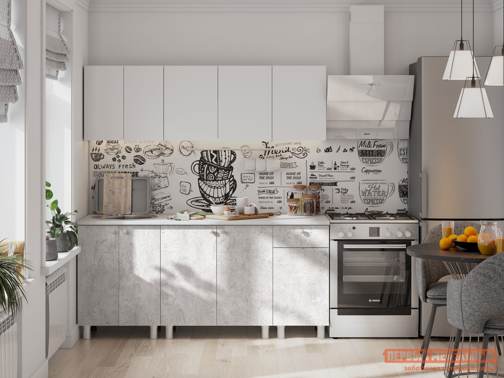 Кухонный гарнитур  Кайган 180 см Белый / Цемент светлый / столешница Антарес