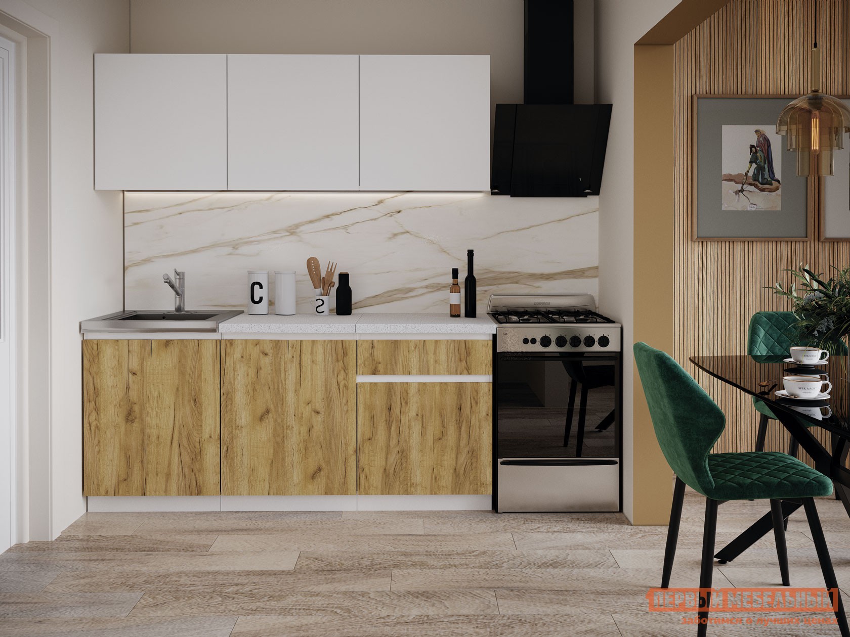 Кухонный гарнитур  Ханна 180 см Белый / Дуб Крафт золотой / столешница Антарес