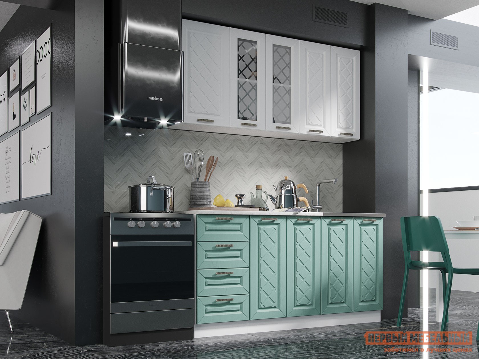 Кухонный гарнитур  Агава 160 см Акация белая / Мята / столешница Калаката