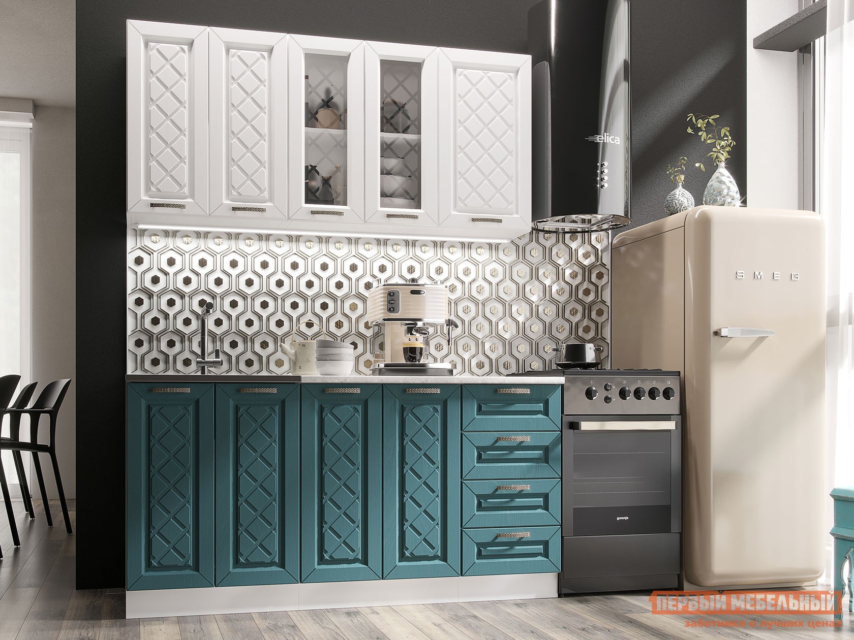 Кухонный гарнитур  Агава 160 см Акация белая / Моренга / столешница Калаката