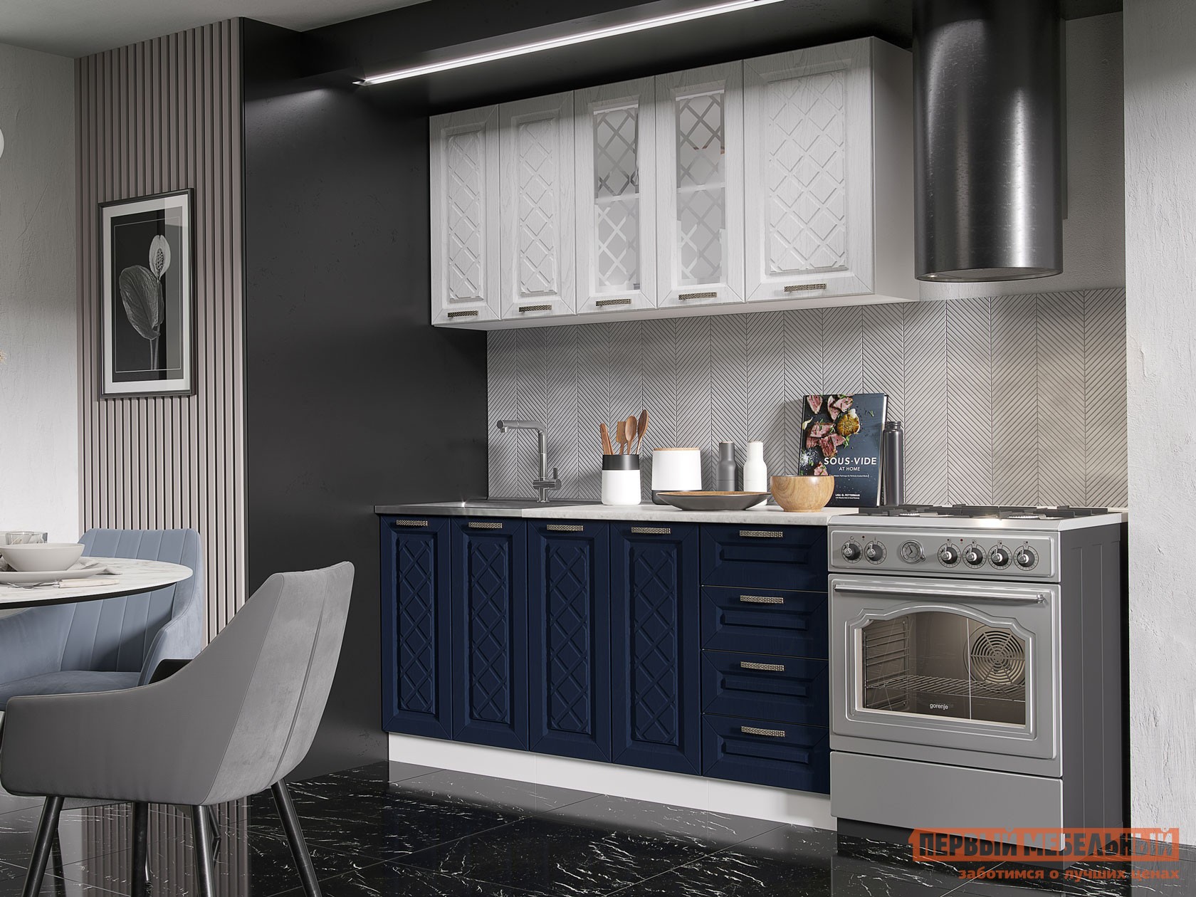 Кухонный гарнитур  Агава 160 см Акация белая / Сапфир / столешница Калаката