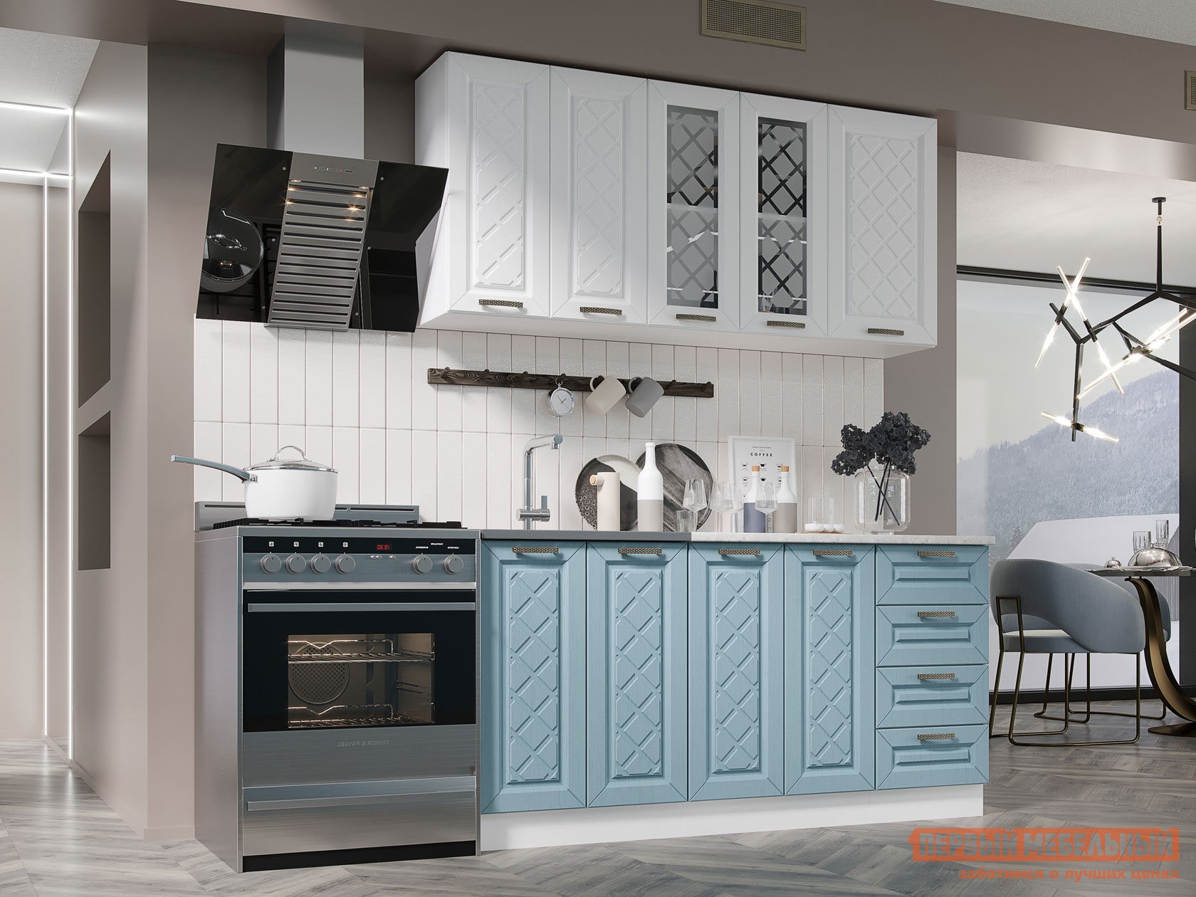 Кухонный гарнитур  Агава 160 см Акация белая / Аква / столешница Калаката