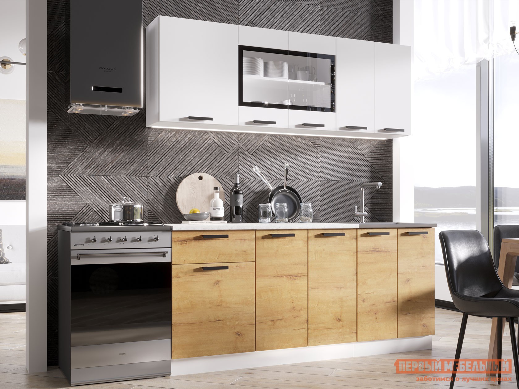 Кухонный гарнитур  Хозяюшка 180 см Белый гладкий / Дуб Вотан / столешница Калаката