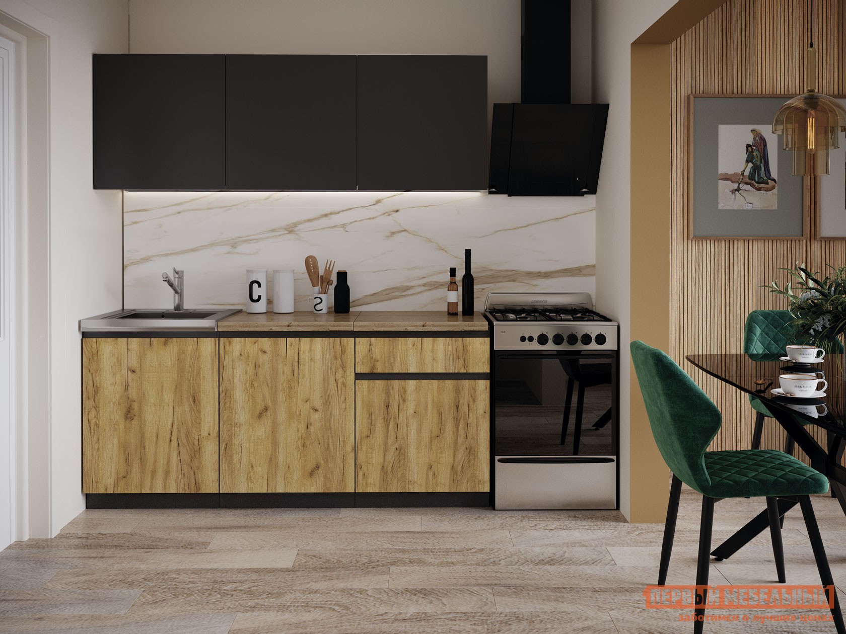 Кухонный гарнитур  Ханна 180 см Графит / Дуб Крафт золотой / столешница Дуб кера