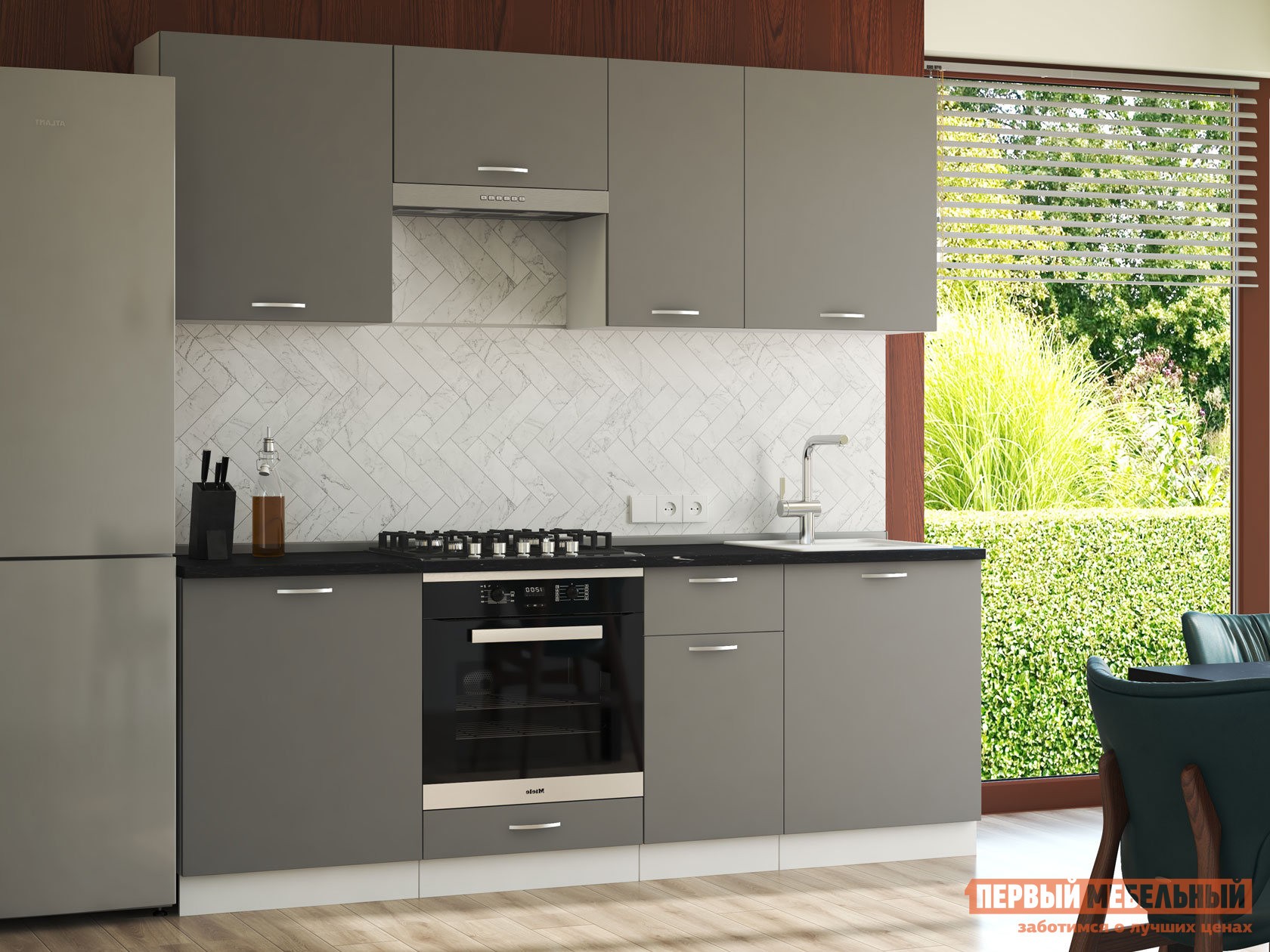 Кухонный гарнитур  Ариэль 220 cм Белый / Грин Грей