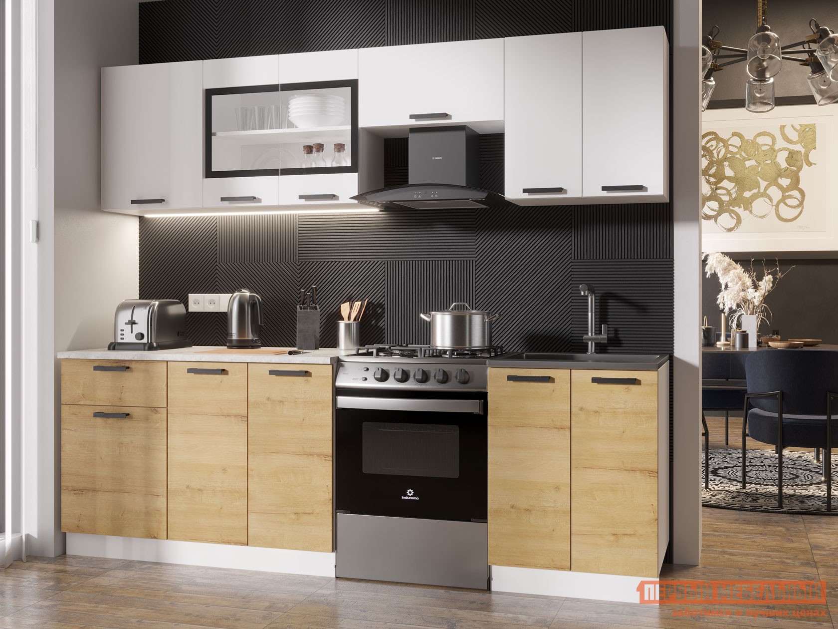 Кухонный гарнитур  Хозяюшка 240 см Белый гладкий / Дуб Вотан / столешница Калаката