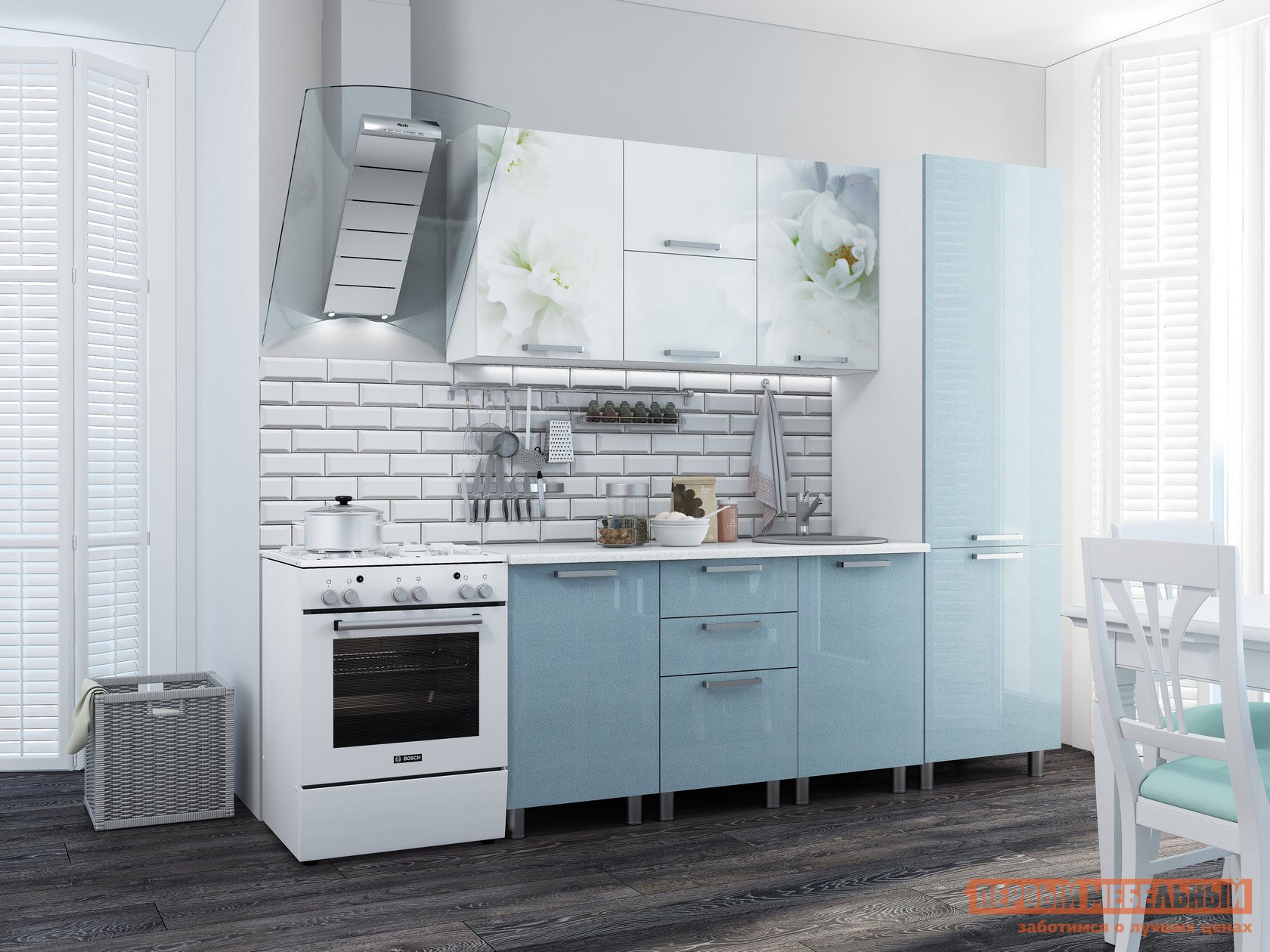 Кухонный гарнитур  Бьянко 210 см Голубые блестки / Белый