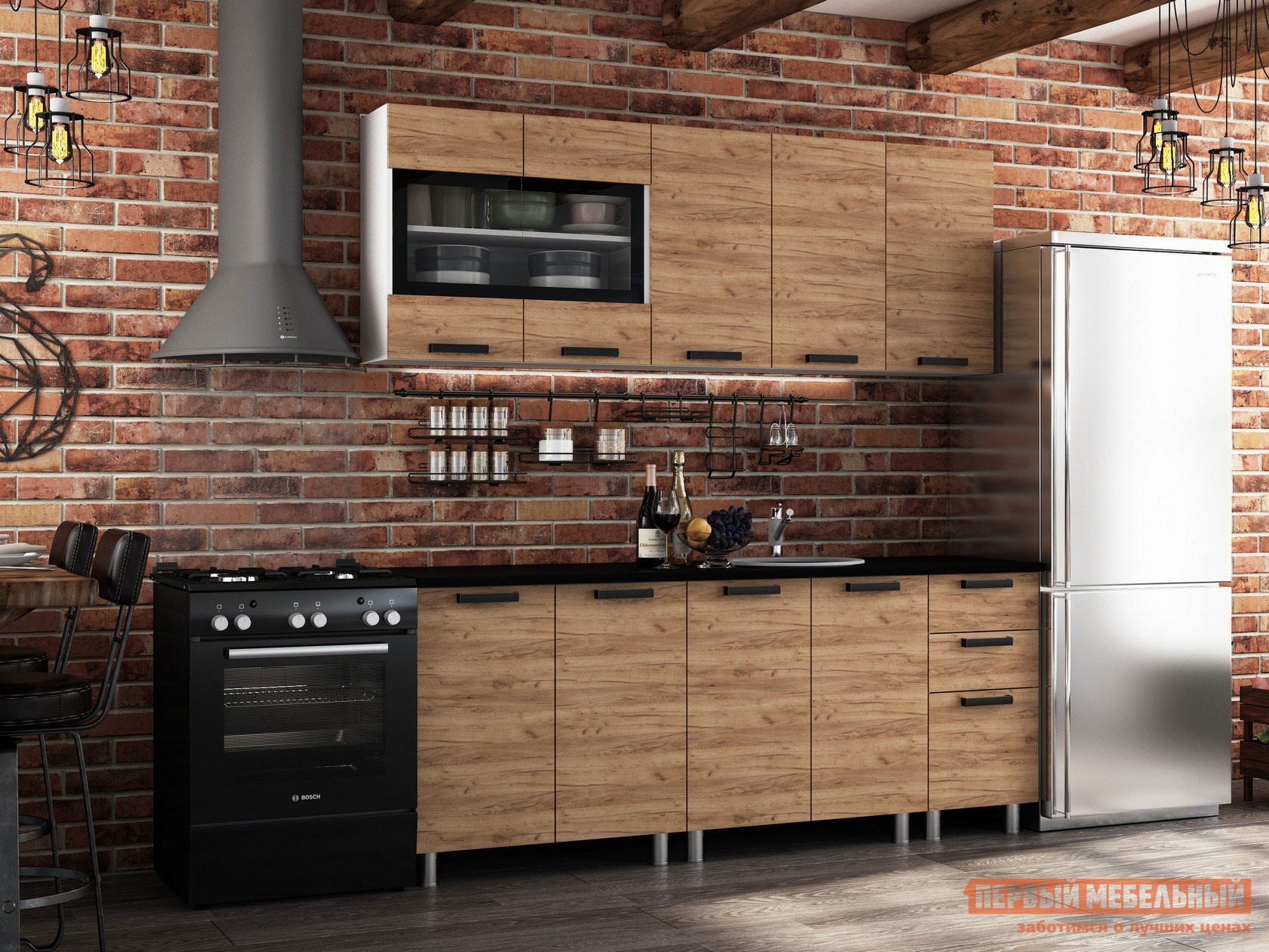 Кухонный гарнитур  Крафт 200 см Крафт / Черный мрамор