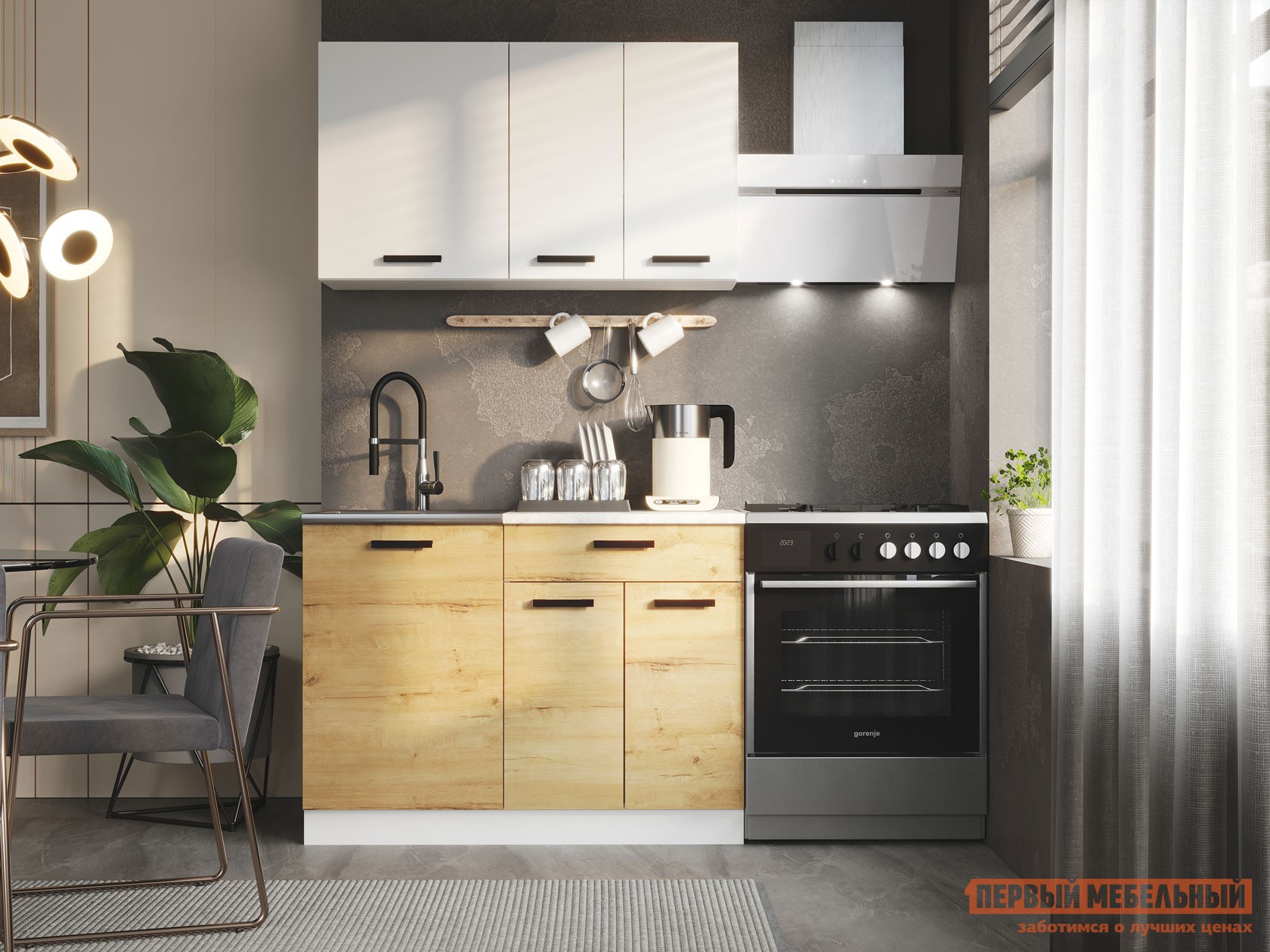 Кухонный гарнитур  Хозяюшка Мини Белый гладкий / Дуб Вотан / столешница Калаката, Без шкафа под вытяжку