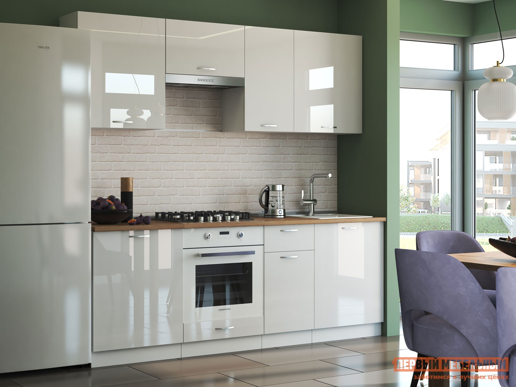 Кухонный гарнитур  Ариэль 220 cм Белый / Белый глянец