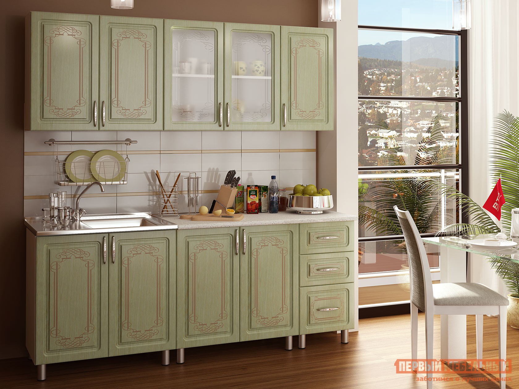 Кухонный гарнитур  Прима Люкс с патиной 200 см Патина мятная / Антарес