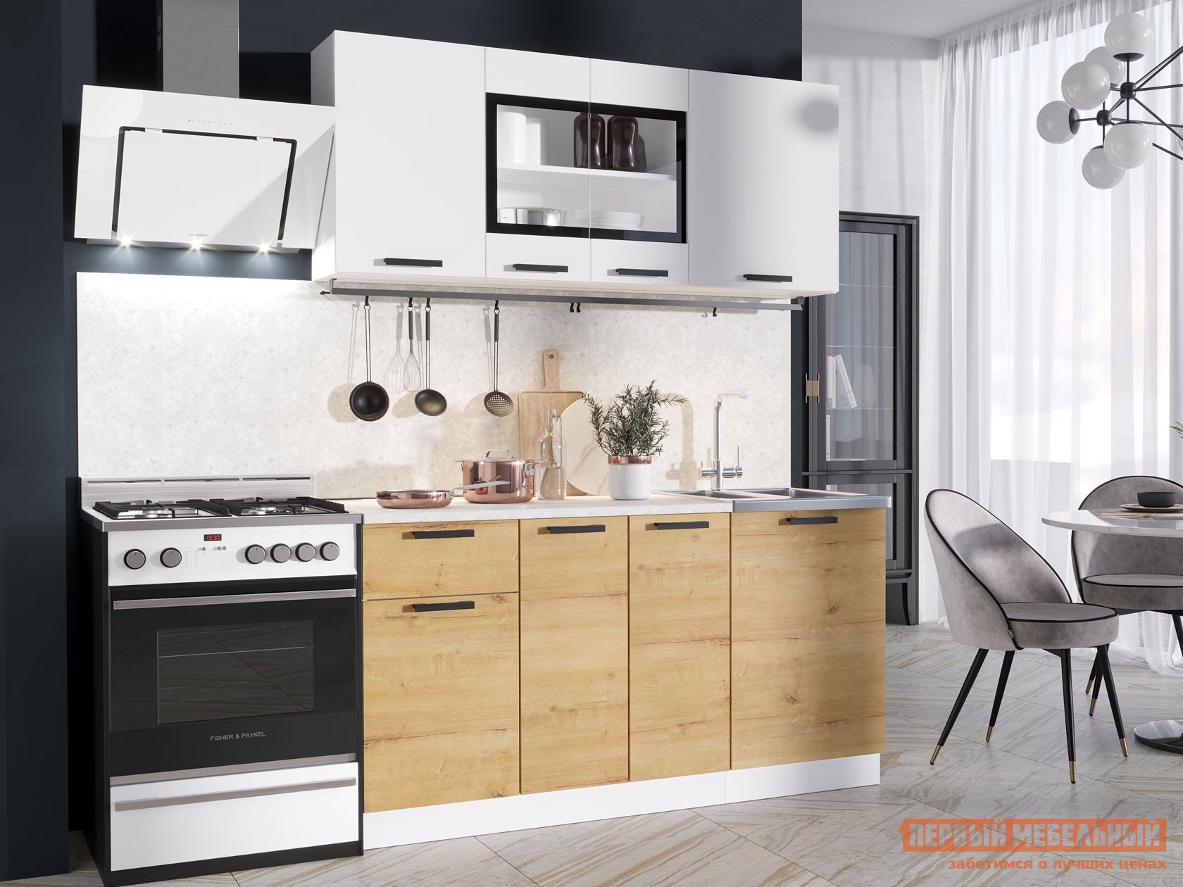 Кухонный гарнитур  Хозяюшка 150 см Белый гладкий / Дуб Вотан / столешница Калаката