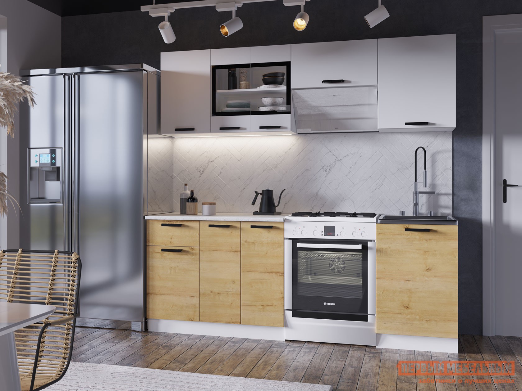 Кухонный гарнитур  Хозяюшка 210 см Белый гладкий / Дуб Вотан / столешница Калаката