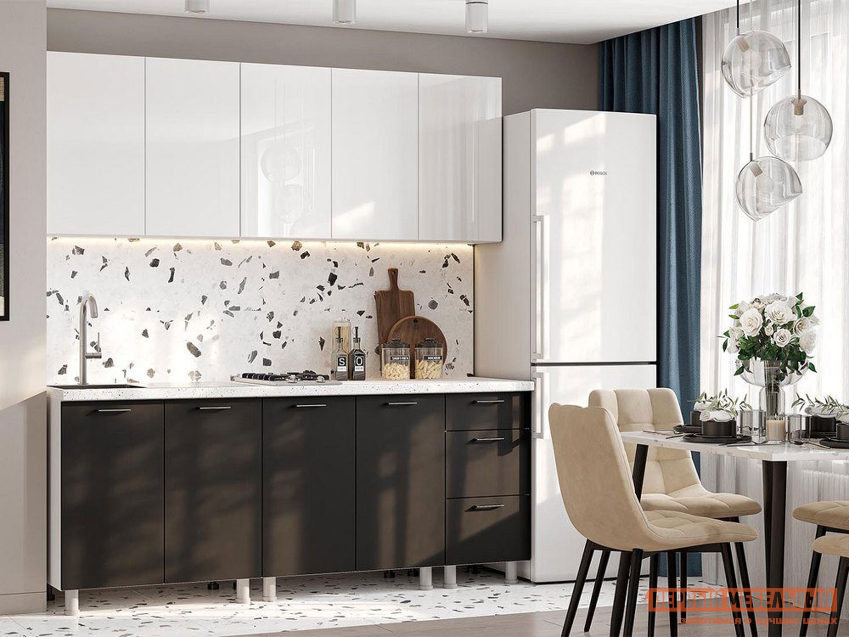 Кухонный гарнитур  Модерн Нью 200 см Белый глянец Бруно / Графит