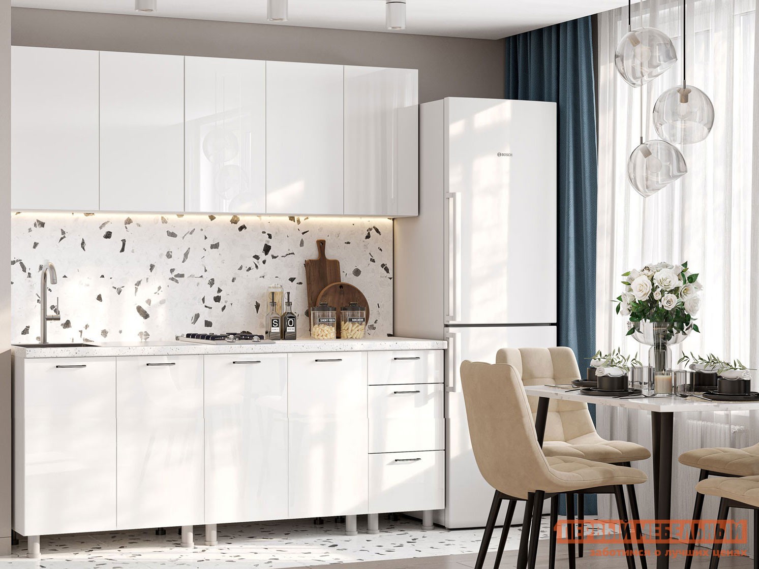 Кухонный гарнитур  Модерн Нью 200 см Белый глянец Бруно