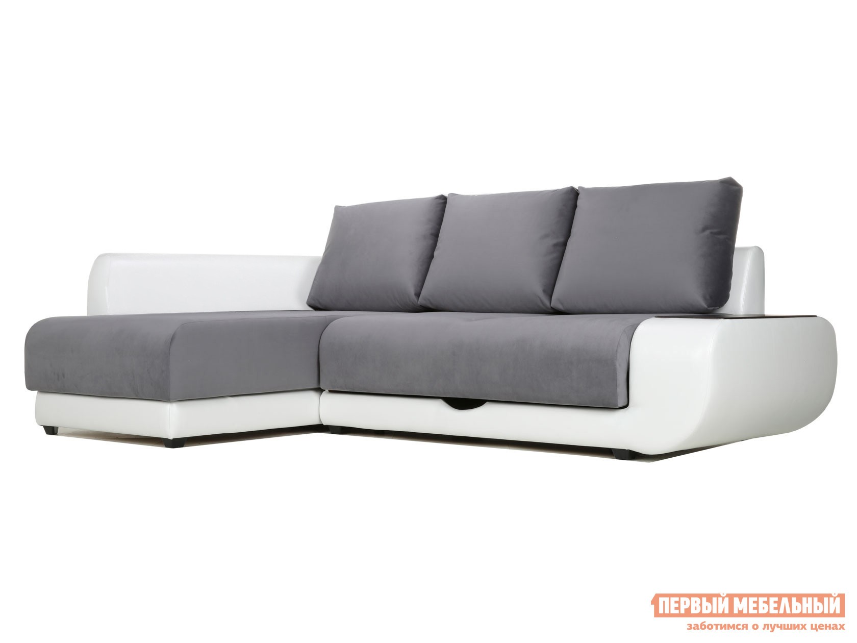 Угловой диван  Стингер Графитово-белый, велюр/кожзам, С баром, Левая, Независимый пружинный блок