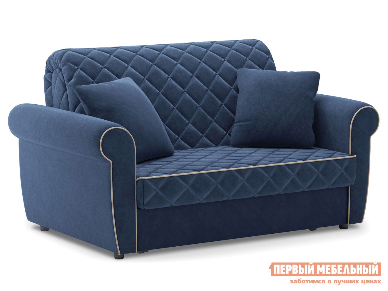 Прямой диван  Денвиль Синий, велюр, 120х200 см, Независимый пружинный блок, новый, С ящиком