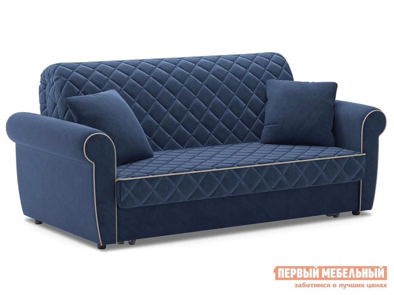 Прямой диван  Денвиль Синий, велюр, 160х200 см, Независимый пружинный блок, новый, С ящиком