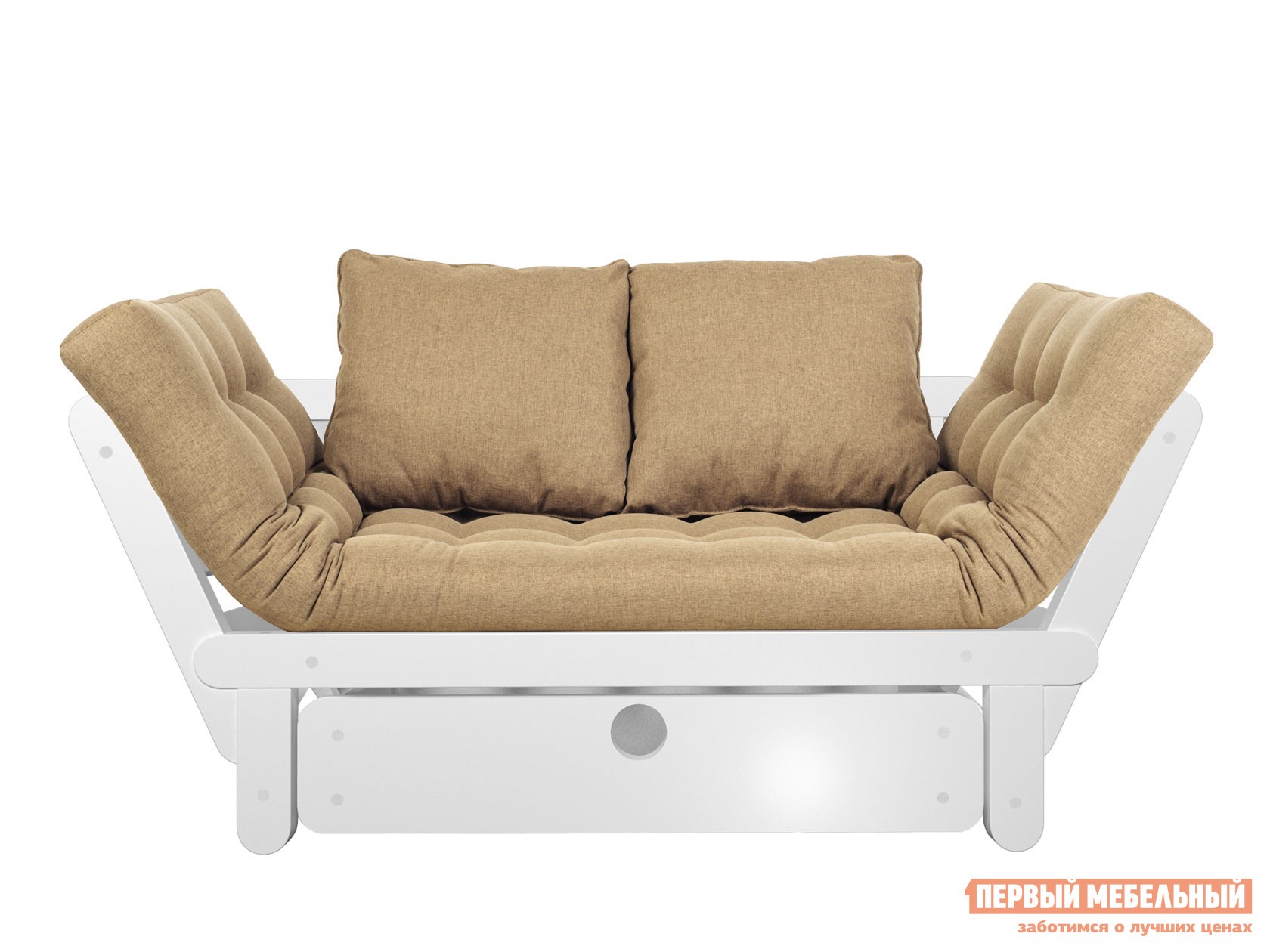 Прямой диван  Сламбер Бежевый, рогожка, Белая эмаль, С ящиком